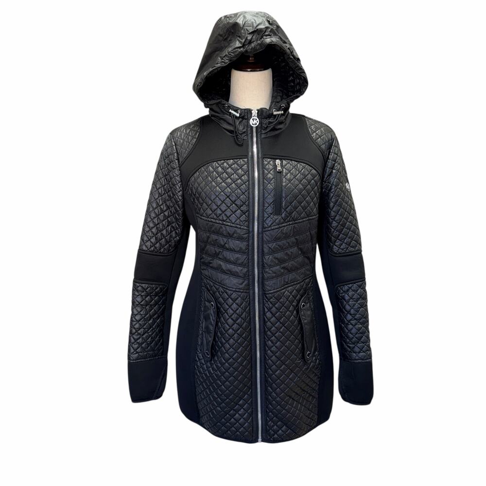 Michael Kors Women's Black moto bubble jacket Quilted Coat M 3/4 length Winter - Picture 6 of 15